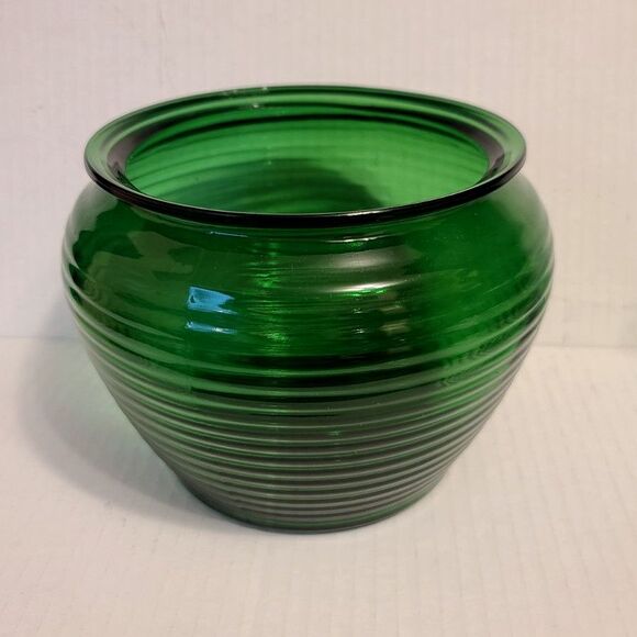 Anchor Hocking Forest Green Medium Ribbed Beehive Glass Planter Bowl Jardiniere - Picture 1 of 5